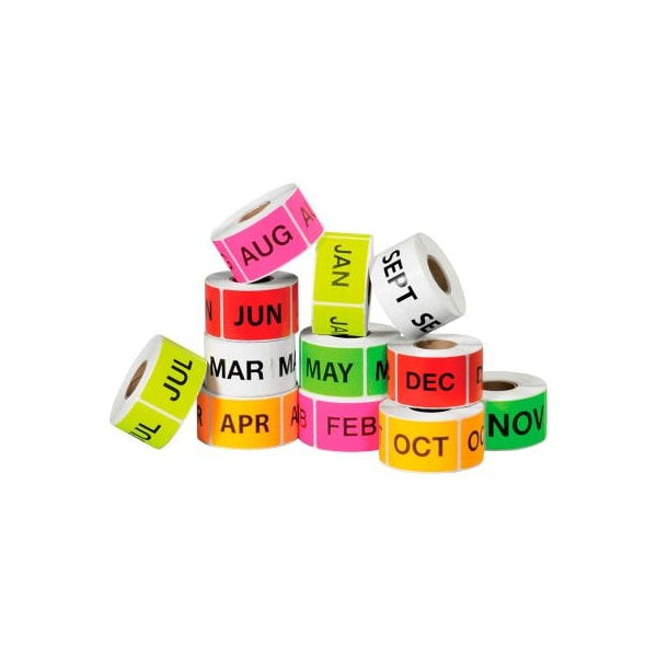 Box Packaging 12 Months Of The Year Easy Order Labels, 3"L x 2"W, Assorted Colors, 12 Rolls of 500 DL1238 - main